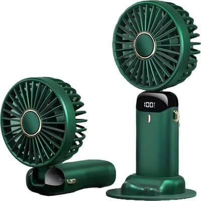 Stille Handventilator met LED Display - Groen - Draagbare Ventilator - Airco Verkoeling 5 standen USB Oplaadbaar - Tafelventilator Draadloos - Mini Fan - 5 Standen - Zomer - Waaier voor festival - Draagbaar Hand Ventilator