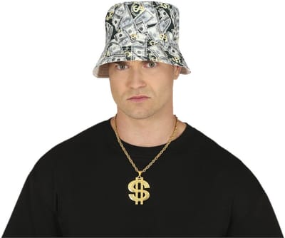 Verkleedset Rapper - feest hoedje dollars print en dollar teken ketting - carnaval en foute party - hiphop - popster