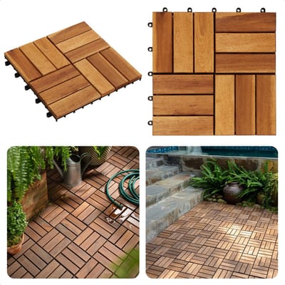 Acacia Houten Terrastegels - Moza ek - 30x30 cm - 9 stuks - 0.81m2 - Balkon, Terras of Vlonder - Snelle Montage - Vlondertegel - Tuintegels - Terrasplanken - Balkon vloer - Kliktegels - Buiten tegels - Warme Uitstraling - Inclusief EBOOK