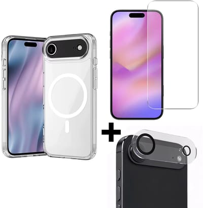 VOWLUX Compatible iPhone 17 Air MagSafe hoesje 3-in-1 tempered glass set – transparant val bestendig hoesje + screenprotector + cameralens protector