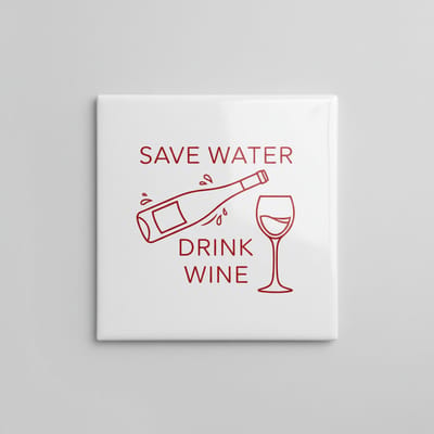 Grappige Quote Keramische Tegel “Save Water Drink Wine” – Minimalistische Wijnfles & Glas Wanddecoratie – Decoratieve Tegel 15 × 15 cm