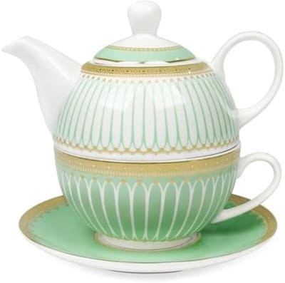 PromoHome Theeset voor één persoon met gouden accenten - Keramische theepot met bijpassende mok