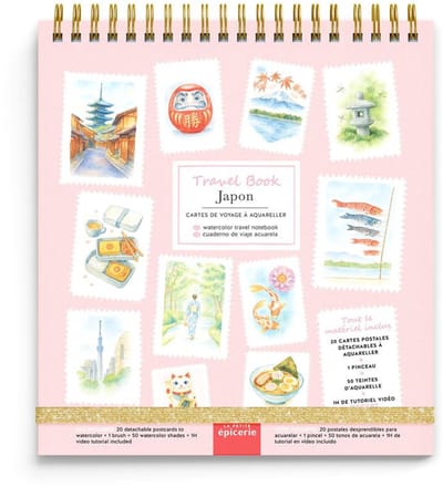 Aquarel Travel Set - La Petite Epicerie Aquarel Travel Book Japan - 13x18cm - Aquarel Reisnotitieboek - 20 ansichtkaarten om te aquarellen 350 gr papier - 1 penseel - 50 aquareltinten