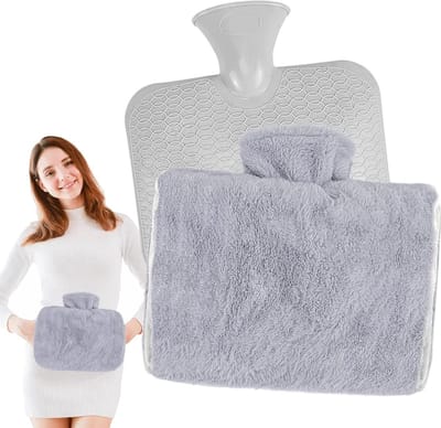 Warmwaterkruik met zacht overtrek - 15 liter warmtefles met kangoeroezak - grijze bedfles - handwarmer voor kinderen en volwassenen - comfortabele warmtebron