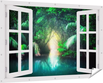Gards Tuinposter Doorkijk Tropische Jungle met een Turquoise Meer - 180x120 cm - Tuindoek - Tuindecoratie - Wanddecoratie buiten - Tuinschilderij