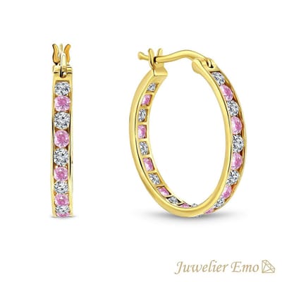 Juwelier Emo - 14 Karaat Gouden Kinderoorbellen meisje met Roze Zirkonia stenen – KIDS – 20 mm
