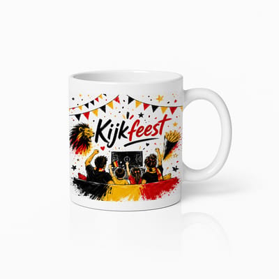 België Kijkfeest Voetbal Mok – Belgische Leeuw Fans Vlag Friet Design – Witte Koffiemok 330 ml – België Supporter Cadeau Beker