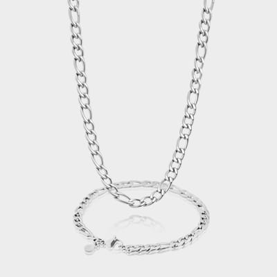 Figaro Ketting 7 mm x Figaro Armband 5 mm - Zilveren Schakelketting en Schakelarmband Heren - 50/21 cm lang - Olympus Jewelry