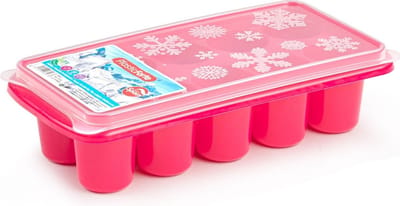 Plasticforte IJsblokjes tray - met deksel - ijsklontjes vorm - 10-vaks - roze - grote klontjes