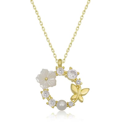 925 Sterling Zilveren Goud-vergulde Magnolia & Vlinder Ketting voor Dames – Handgemaakt, Elegant Cadeau