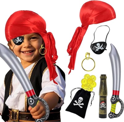Piratenkostuum met Hoofddoek, Oogmasker, Oorbellen, Opblaasbaar Mes, Verrekijker, Portemonnee en Gouden Munten - Compleet Piratenaccessoires voor Carnaval en Feesten