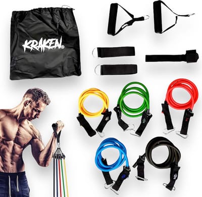 KRAKEN Resistance Bands Tube Set - 11-delige Weerstandsbanden Set - 5 Latex Fitnessbands Calisthenics Crossfit - Verschillende Weerstandsniveaus - Anti-Slip Handvatten en Deuranker - Bandlengte 110 x 0,8 cm - Armen Benen Billen Borst Rug - Draagtas