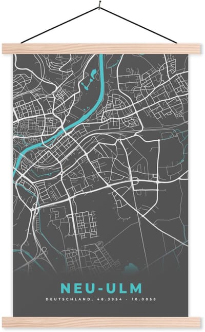 Posterhanger incl. Poster 40x60 cm - Schoolplaat - Plattegrond – Neu Ulm– Blauw – Stadskaart – Kaart - Duitsland - Textielposter - Blanke latten - Stadskaart
