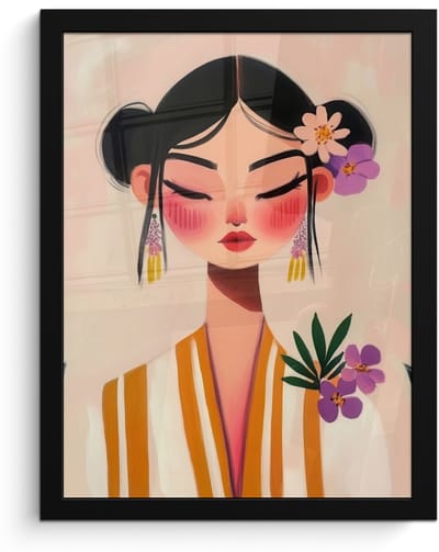 Poster in lijst - Fotolijst 30x40 cm - Posters - Vrouw - Bloemen - Pastel - Posterlijst zwart - Decoratie - Wanddecoratie woonkamer - Muurdecoratie slaapkamer
