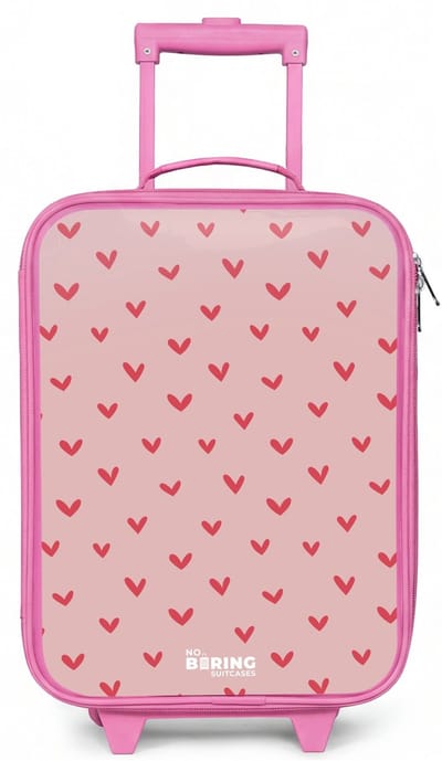NoBoringSuitcases.com® - Kinderkoffer roze - Kindertrolley meisje - Hartjespatroon met roze kleuren - Koffer kind lichtgewicht - Reiskoffer trolley voor kinderen - Koffertje met lichtgevende wieltjes - Rolkoffer