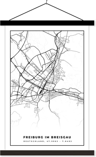 Posterhanger incl. Poster 40x60 cm - Schoolplaat - Plattegrond - Freiburg im Breisgrau - Kaart - Stadskaart - Textielposter - Zwarte latten - Stadskaart