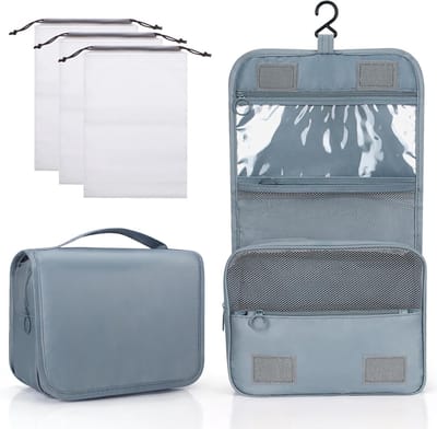 Famanu – Hangende Toilettas - Waterdichte Make-uptas - Waszak met Handvat Opvouwbare Draagbare Cosmetische Opbergtas met 3 Koord Organisatietassen voor Reizen Zakenreizen Fitness Kamperen Buiten - Grijs