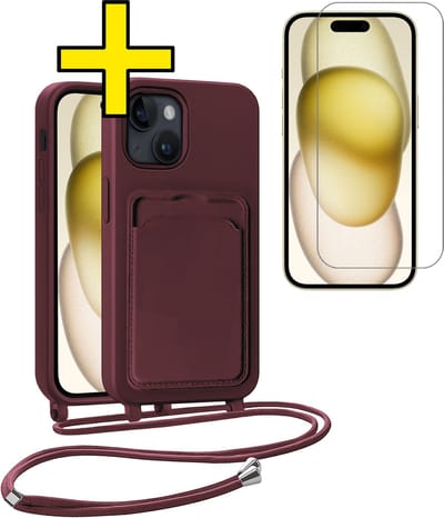 Hoesje Geschikt voor iPhone 15 Plus Telefoonhoesje Met Koord Case Pashouder Met Screenprotector Siliconen - Hoes Geschikt voor iPhone 15 Plus Hoesje Met Kaarthouder - Aubergine