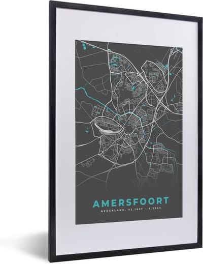 Fotolijst incl. Poster - Stadskaart - Amersfoort - Grijs - Blauw - 40x60 cm - Posterlijst - Plattegrond