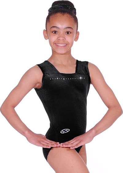 Zwart effen velours Sparkle turnpakje mouwloos maat 116-122 meisjes gympakje zwarte velourse fluweel fluwelen stretch steentjes
