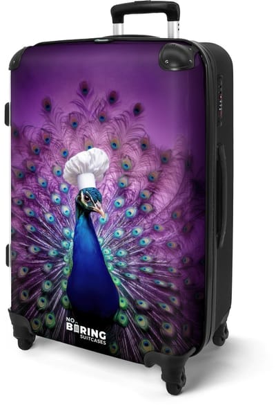 NoBoringSuitcases.com® - Koffer groot - Rolkoffer lichtgewicht - Paars - Pauw met koksmuts - Vakantie reiskoffer met 4 wielen - Grote trolley XL - Travel suitcase large - 20 kg bagage - Ruimbagage medium met TSA slot