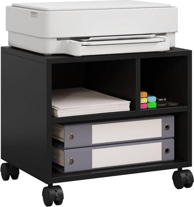 Printerstandaard op wielen - Kantoorkast - Rollende wagen - E1 Houtmateriaal - Compact ontwerp - Zwart, Wit - 40 cm x 35 cm x 30 cm