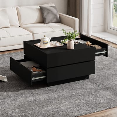 OKWISH Salontafel – 360 Graden Draaibaar – 2 Laden – Met Opstaande Rand – Overlappende Laagstijl Met Opbergruimte – Spaanplaat Zwart – 60x60x38 cm