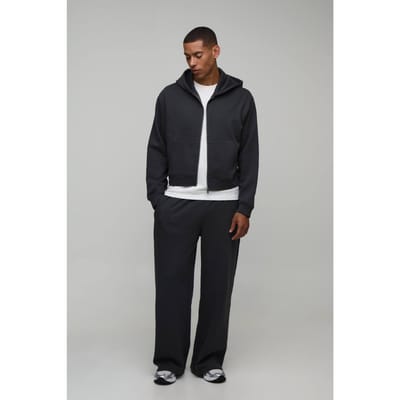 Oversized Gekrompen Zip-through Hoodie En Wijde Pijp Joggingbroek | Charcoal | Size Small