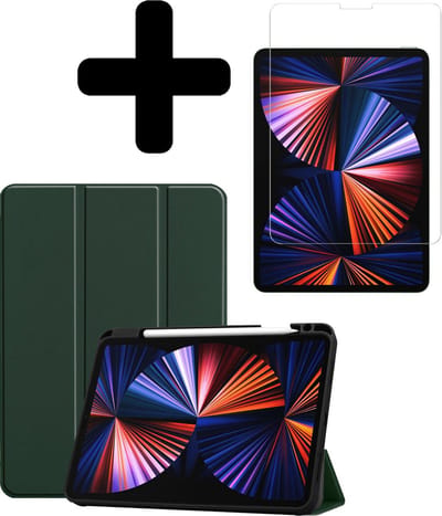 Hoes - Geschikt voor Apple iPad Pro (2021) - 11 inch - 3e generatie - Met Screenprotector - Trifold Bookcase - Hard Cover Case - Met Uitsparing Geschikt voor Apple Pencil - Hardcover Book - Tablet Hoesje - Donkergroen