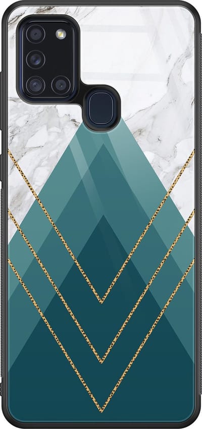 Hoesje geschikt voor Samsung Galaxy A21s - Geometrisch blauw - Luxe Glazen Hardcase - Print / Illustratie - Blauw
