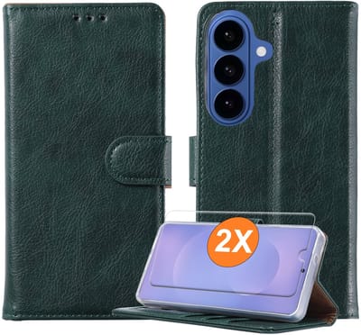 Hoesje geschikt voor Samsung Galaxy S26 5G hoesje Groen pasjeshouder telefoon hoes - Met screenprotector tempered glass voor Galaxy S26 5G - 2x