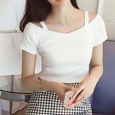 Été Nouveau Version Coréenne T-shirt à Bretelles Épaules Dénudées Manches Courtes Femme Col Bardot Épaules Dénudées Sexy Coupe Slim Haut Étudiant XXL blanc