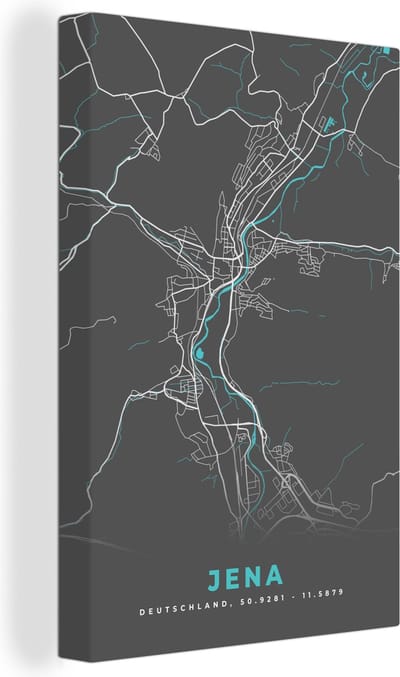 Canvas Schilderij Stadskaart – Kaart – Jena – Blauw – Duitsland – Plattegrond - 20x30 cm - Wanddecoratie