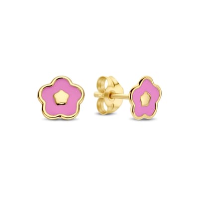 New Bling 9NBG-1060 – Gouden Oorbellen Dames – Oorknopjes Bloem Roze – 14K Goud – 5,7 mm – Cadeau voor Vrouwen