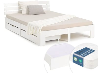 Homestyle4u Tweepersoonsbed - 140x200 cm - met Binnenveringmatras en 2 Bedbakken - Wit