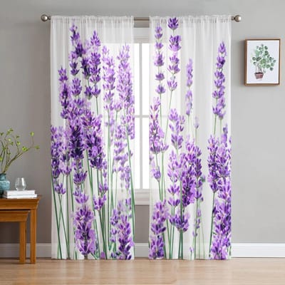 Lavendel Plant Bloemen Transparante Gordijnen voor Slaapkamer Woonkamer Voile Raamgordijnen Tule Gordijnen voor Kinderkamer 135W x 114H(cm) white