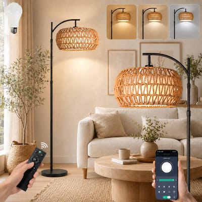 MUPOO Boho Rotan Kap vloerlamp met 360° draaibare arm- Hoogte Verstelbaar Staande Lamp met 3-in-1 Design & Traploos Dimbaar - Sfeerverlichting Woonkamer & Slaapkamer,Kantoor