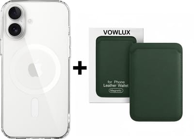 VOWLUX Compatible MagSafe Hoesje voor iPhone 16 Plus Transparant – Inclusief Groen Wallet Pasjeshouder – 24 Magneten – Kunstleer – 3 Kaarten – Shockproof Case