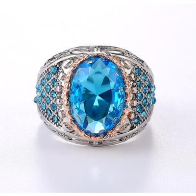 Huitan Luxe Grote Hemelsblauwe Ovale CZ Vingerringen voor Dames Nobele Verjaardagsfeest Jubileum Cadeau Ring voor Dame Heldere Klassieke Sieraden 7&Two Tone blue