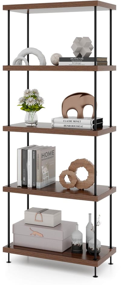 COSTWAY Staande kast, vrijstaand, boekenkast met metalen frame, industrieel opbergrek, walnoot opbergrek voor slaapkamer, woonkamer, thuiskantoor
