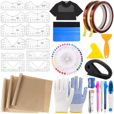 29 stuks sublimatie shirt gereedschapsset T-shirt uitlijning liniaal sjablonen liniaal plotter accessoires met 3 teflonfolie voor hittepers, 2 rollen hittebestendig plakband