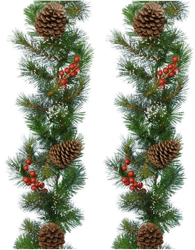 Decoris Guirlande - Set van 2x stuks - kerstslinger - groen - nepsneeuw en deco - 270 cm