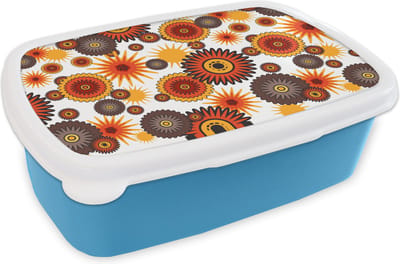 Broodtrommel Blauw - Lunchbox Design - Retro - Oranje - Bloemen - Brooddoos 18x12x6 cm - Brood lunch box - Broodtrommels voor kinderen en volwassenen