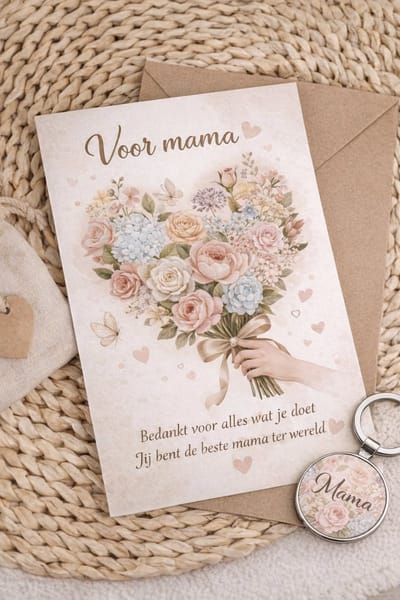 Moederdag Cadeauset Mama – Kaart + Sleutelhanger – Pastel Design – “Bedankt voor alles wat je doet” – Lief & Uniek Cadeau
