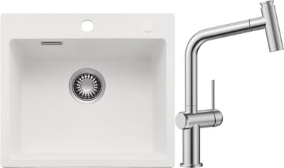 CECIPA max Spoelbak voor keuken 40x45CM - Graniet Spoelbakken Met Keukenkraan met Uittrekbare Uitloop - Enkele spoelbak Wit - Met waterafvoersysteem - Voor 40 cm kast