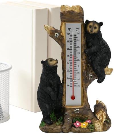 Temperatuurmeter Hars - Weerstation Decoratie - Buiten Weer Meten - Speels Beren Design - 21 cm Hoog - Meerkleurig