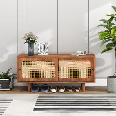 DESMIU Schoenenkast - Rattan Deuren Met Verstelbare Plank - Voor Hal Woonkamer En Slaapkamer - Spaanplaat Walnootkleur - 104x40x48 Cm