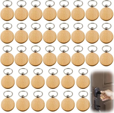 Ynkkvre - Sleutelhanger - houten sleutelhangers set van 36 - blanco rond voor DIY en knutselen - hout - beschrijfbaar en geschikt om te schilderen - ideaal voor decoratie en creatieve projecten, 4 x 4 cm