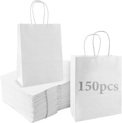 150 Stuks Witte Papieren Tasjes, Kraft Draagtassen 15 x 8 x 21 cm voor Cadeaus, Feesten en Winkels