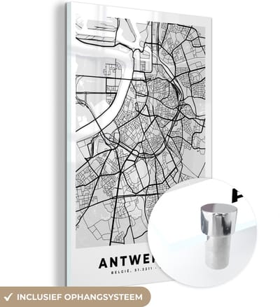 MuchoWow® Glasschilderij 120x180 cm - Schilderij acrylglas - Zwart Wit – België – Plattegrond – Stadskaart – Kaart – Antwerpen - Foto op glas - Schilderijen